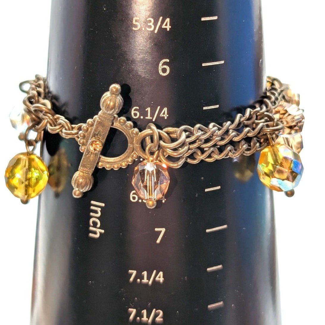 Vintage Signed Sorrelli Brass Genuine Crystal Multi Chain Toggle Clasp Bracelet