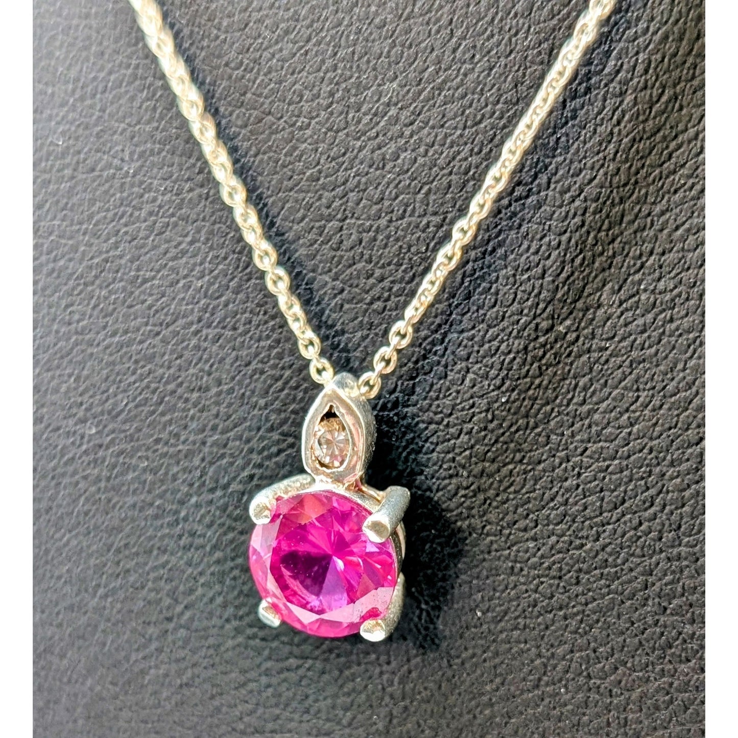 Pink Sapphire Solitaire & CZ Pendant 925 Sterling Silver 18.5" Necklace