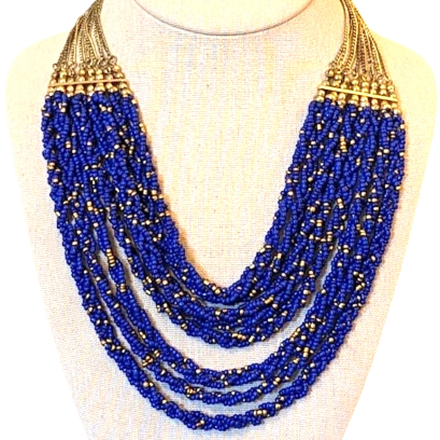 Multi-Strand Braided Blue and Gold Seed Bead Collar Necklace