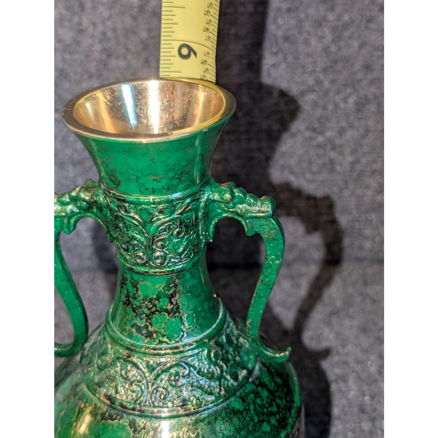 Vtg Japanese Embossed Shishi Brass Green Cast Metal Flower Vase