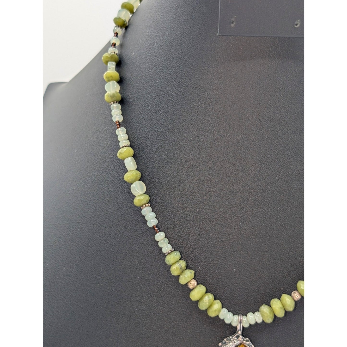 925 Sterling Silver Green Gemstone Bead Green Amber Pendant Necklace