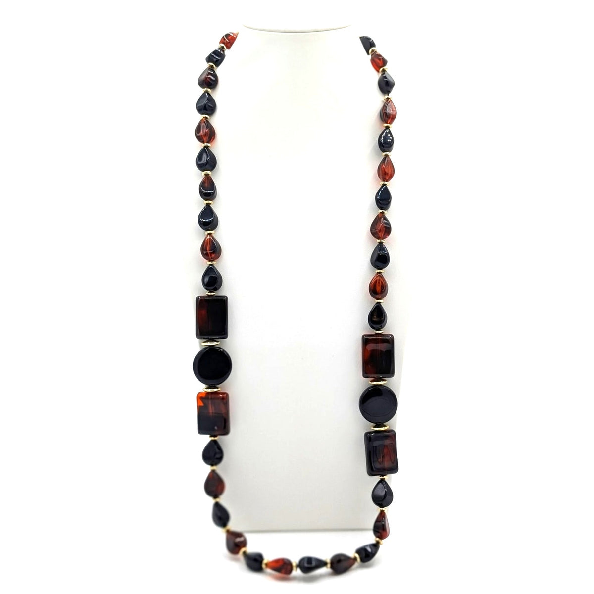 Vintage Acrylic Tortoise Shell Black Beaded Layering Neutral Statement Necklace