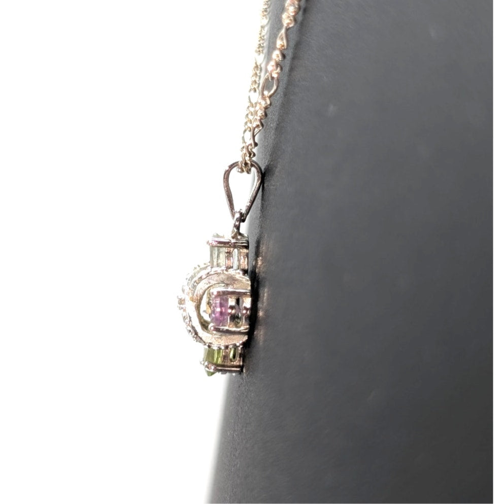 Vintage 925 Sterling Silver 4 Oval Gemstone & Diamond Figaro Chain Necklace