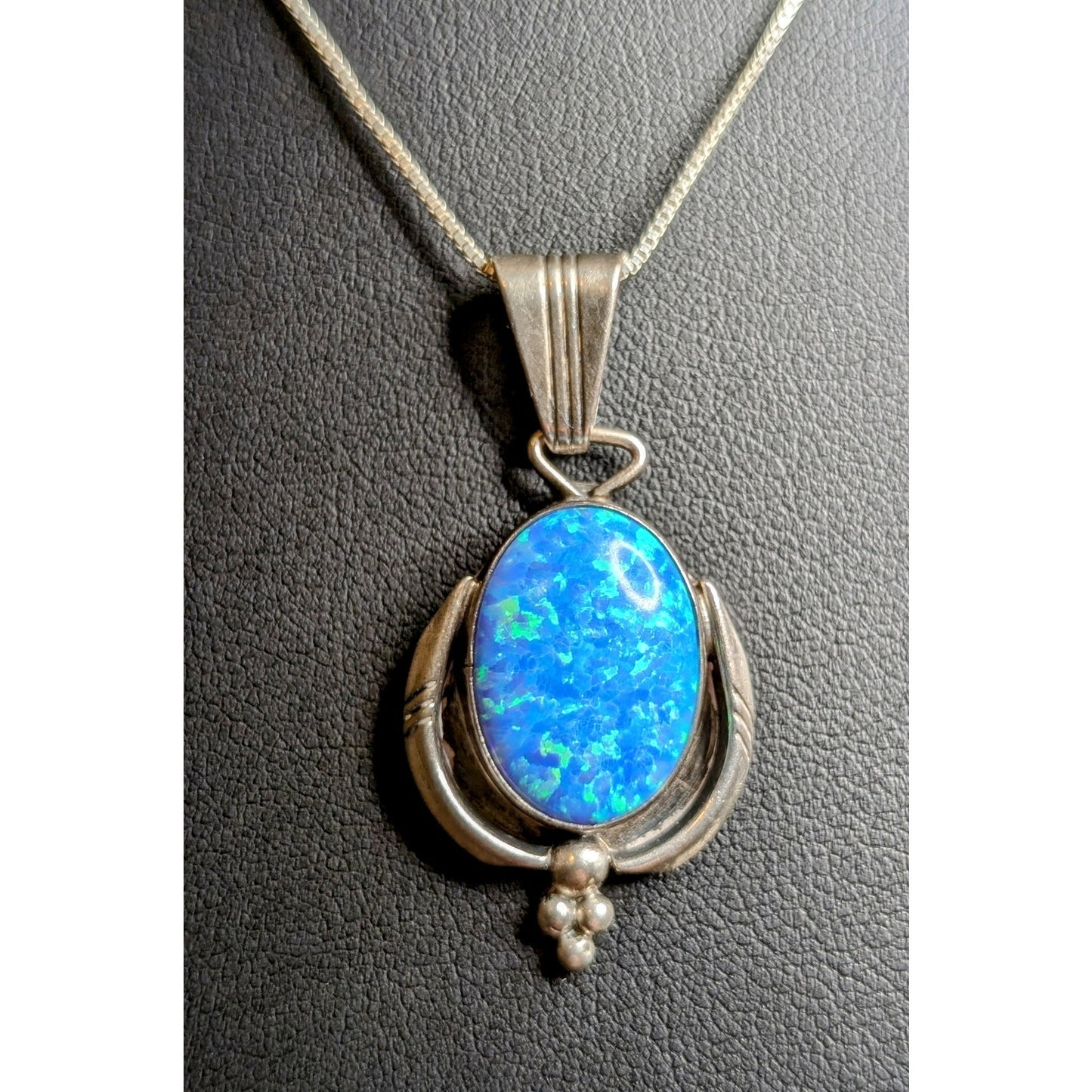 VTG Running Bear- Navajo Sterling Silver Blue Opal Pendant with Box Chain