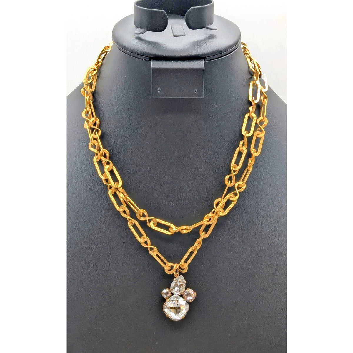 Catherine Popesco France 2 Strand Gold Tone Chain Rhinestone Pendant Necklace
