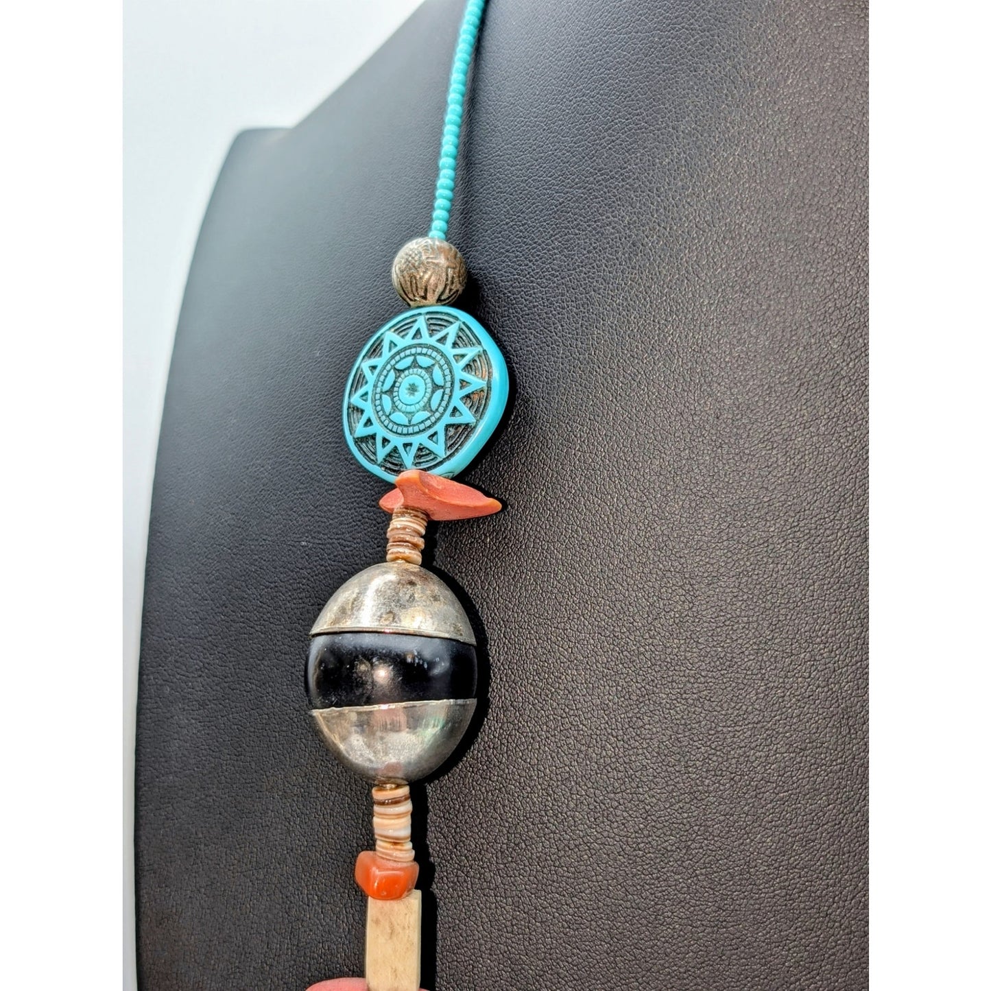 Vtg Southwestern Multi-Shape & Heishi Bead Turquoise Terra Cotta Color Necklace