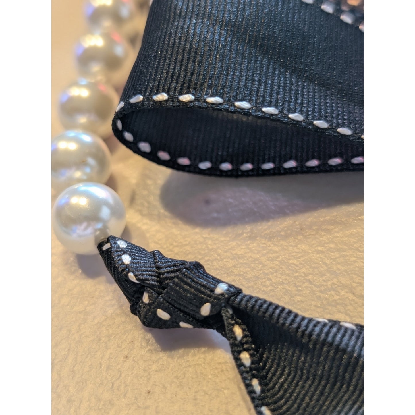 Vintage Contrasting Stitch Black Crossgrain Ribbon Pearl 77" Long Belt