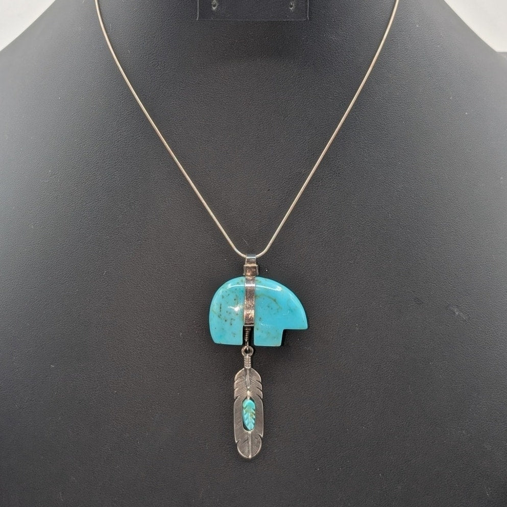 SJC Sundancer 925 Sterling Turquoise Bear Fetish Dangling Feather 16" Necklace