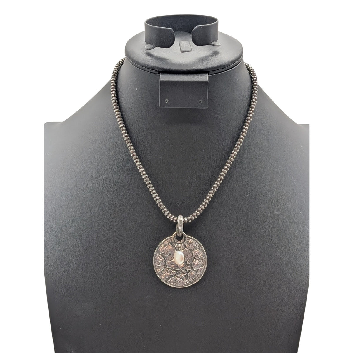 Vtg SILPADA Sterling Hammered Medallion Pendant Pearl Popcorn Chain Necklace
