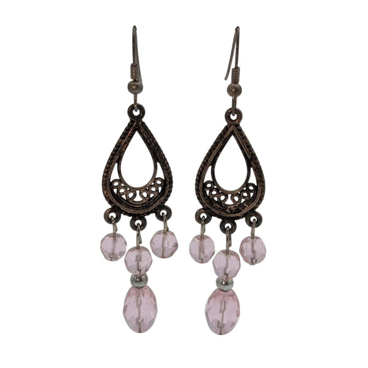Antiqued Gold Tone Filigree Teardrop Pale Pink Crystal Dangle Earrings