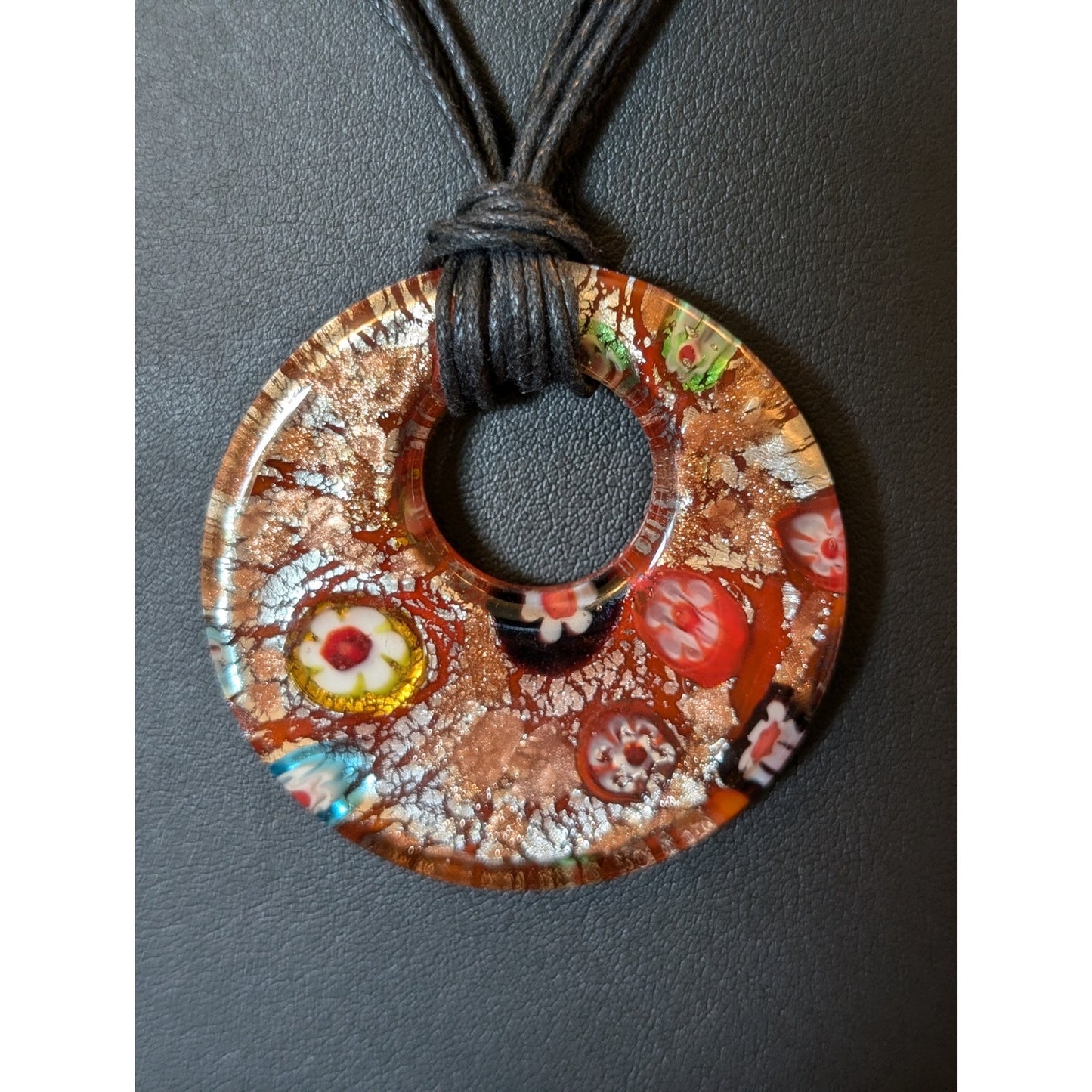 Funky Boho Retro Glass Flower Pendant Cord Necklace
