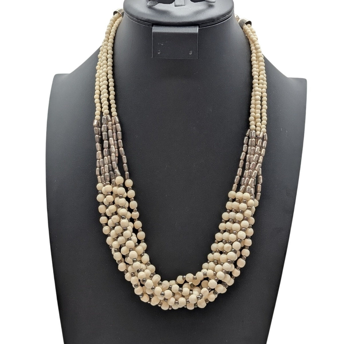 VTG Off White & Silver Bead Multi-Strand Egyptian Tribal Hook Clasp Necklace
