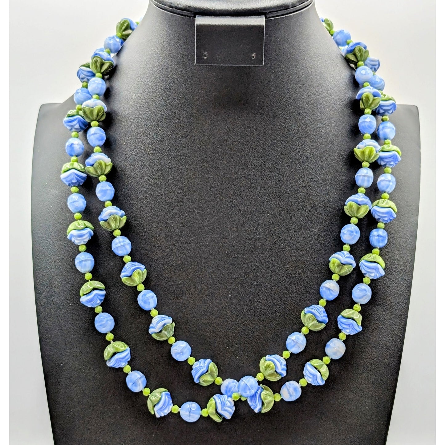 Vintage Art Deco Blue Green Slag Glass Flower Bead Long 50" Necklace