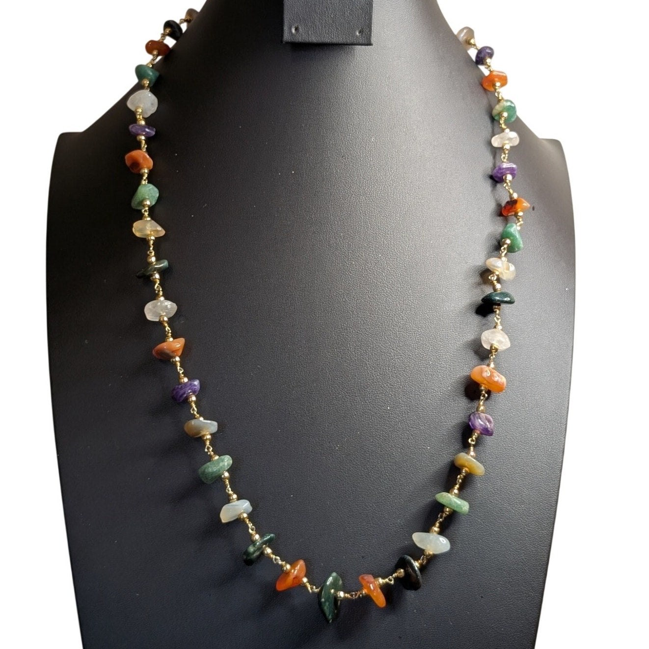 Vintage Multi Genuine Gemstone Gold Tone Bead Barrel Clasp 26" Necklace