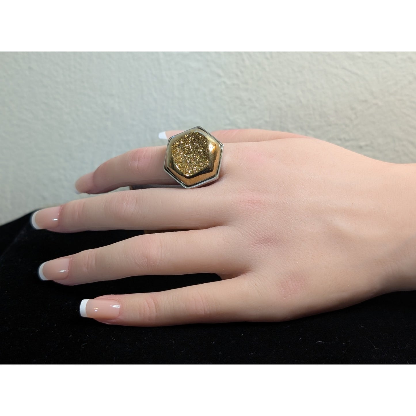 Chunky Hexagon Gold Druzy Quartz Two Tone Sterling Silver Ring Size 8