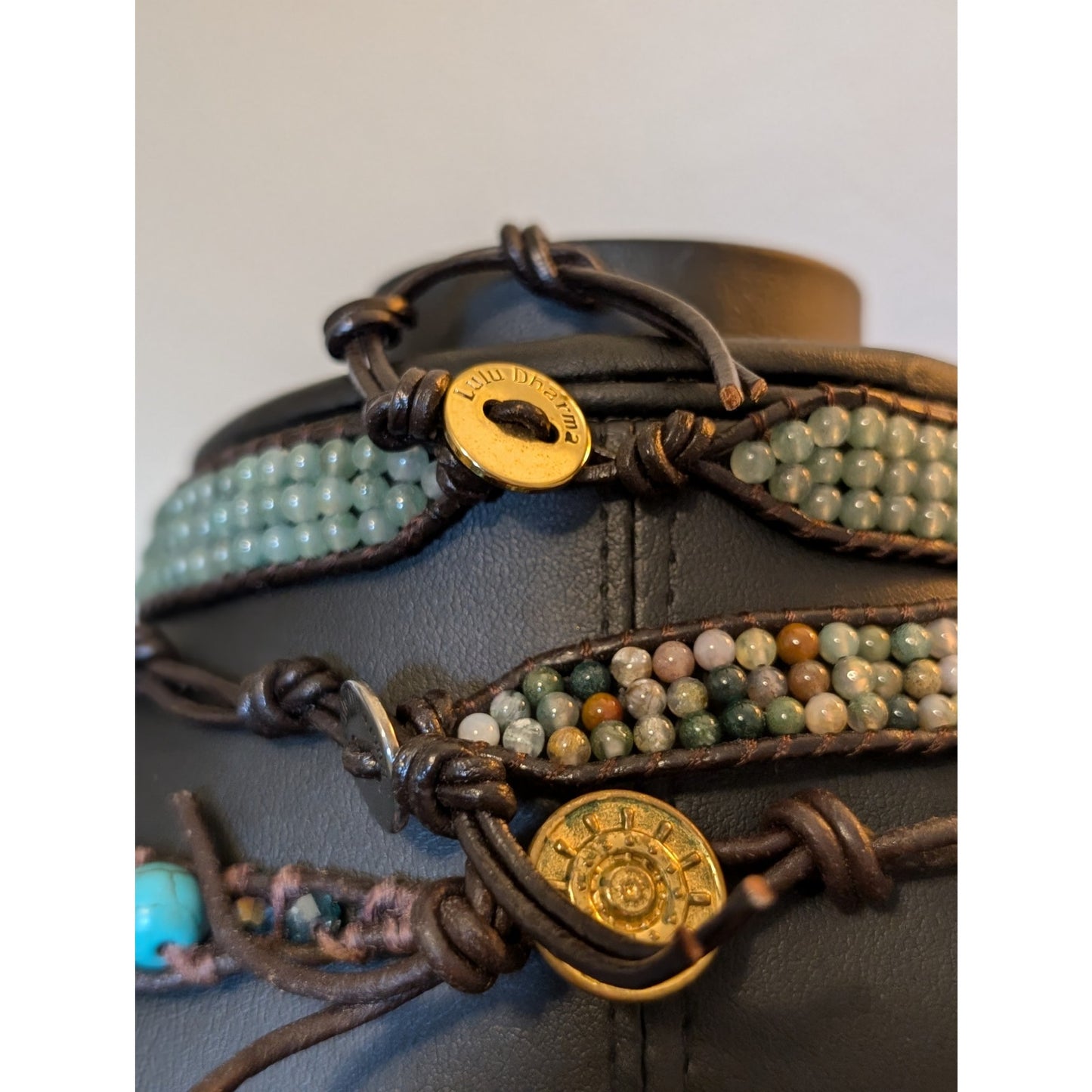 Lot of Three Stone Bead Leather Cord Button Clasp Necklaces