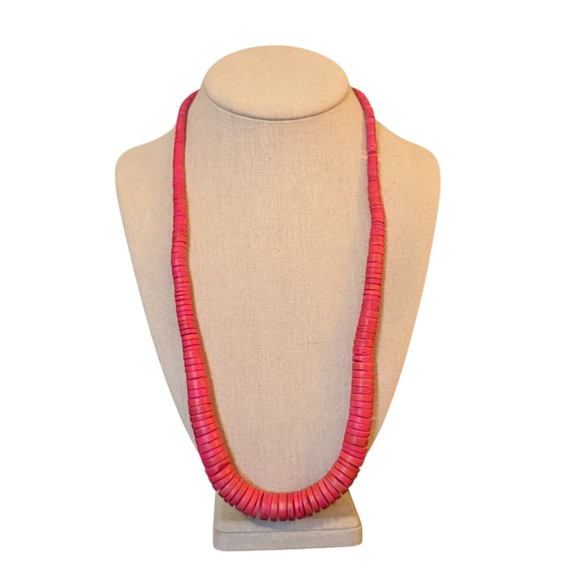 Vintage Pink Graduated Wood Disk Bead Necklace W/ Barrel Clasp