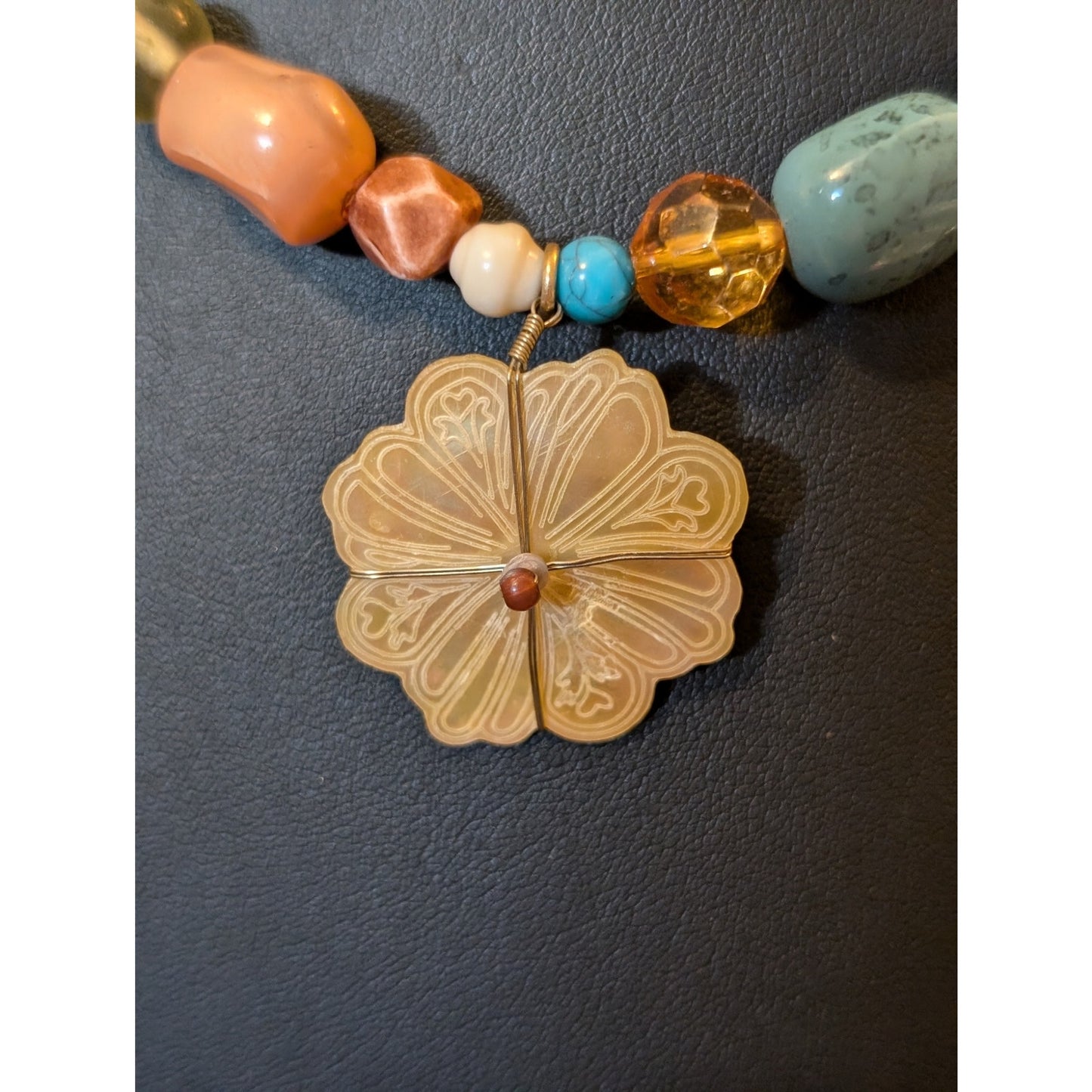 Multi-Color Acrylic Beaded Wire Wrapped MOP Flower Charm Necklace & Bracelet Set