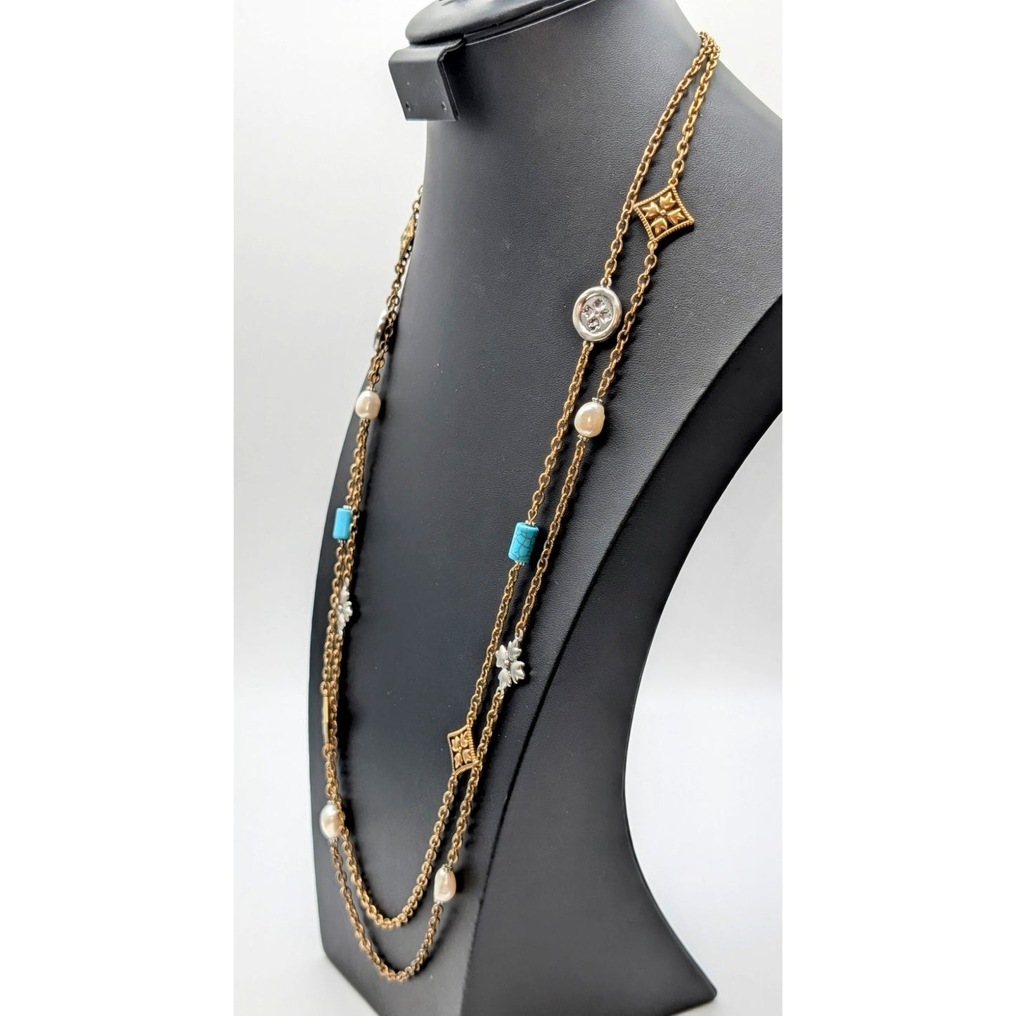 Patricia Nash Two Strand Antique Gold/Bronze Chain Two Tone Beaded Necklace