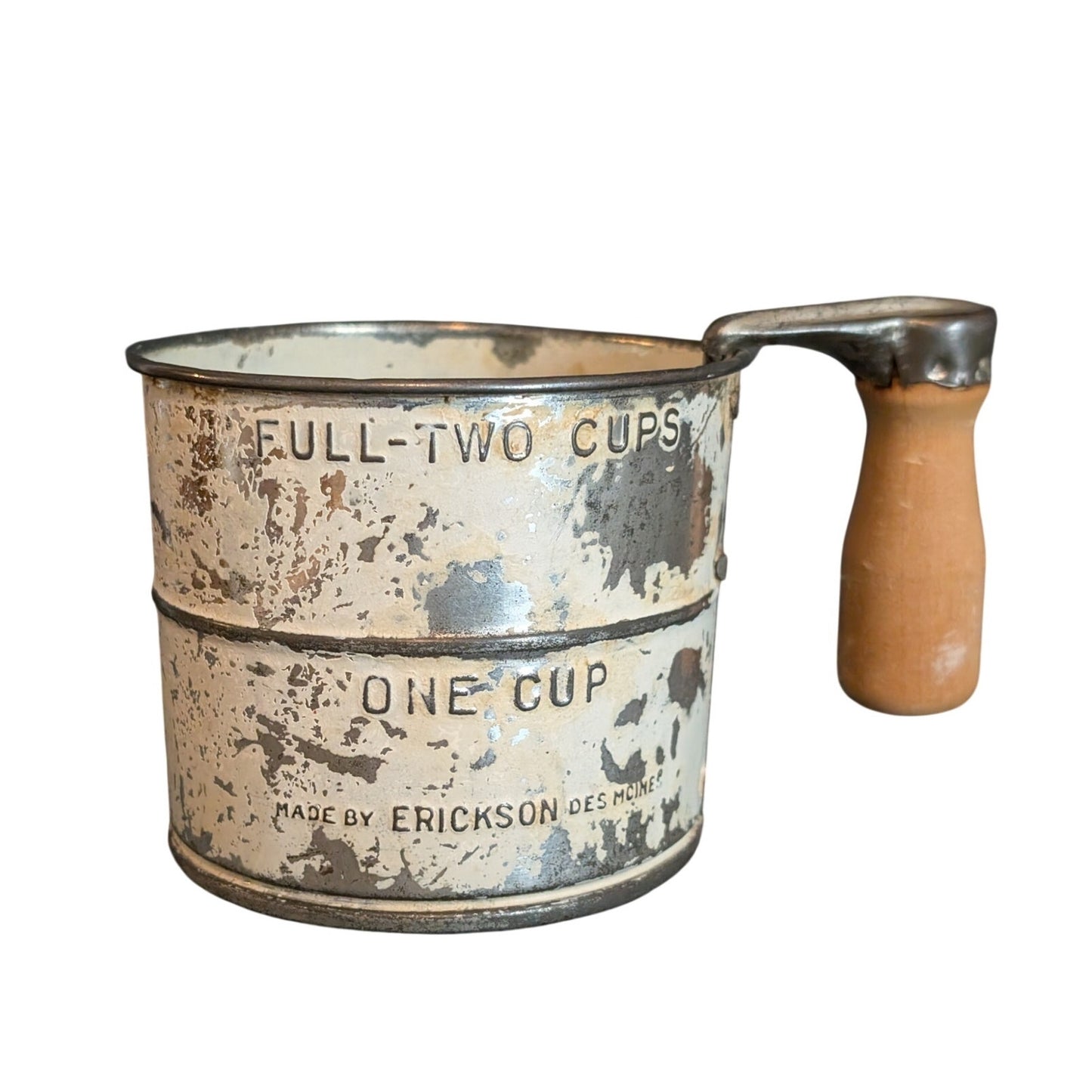 Vtg/Antique 1920's White Metal Erickson Advertising Flour Sifter Des Moines IA