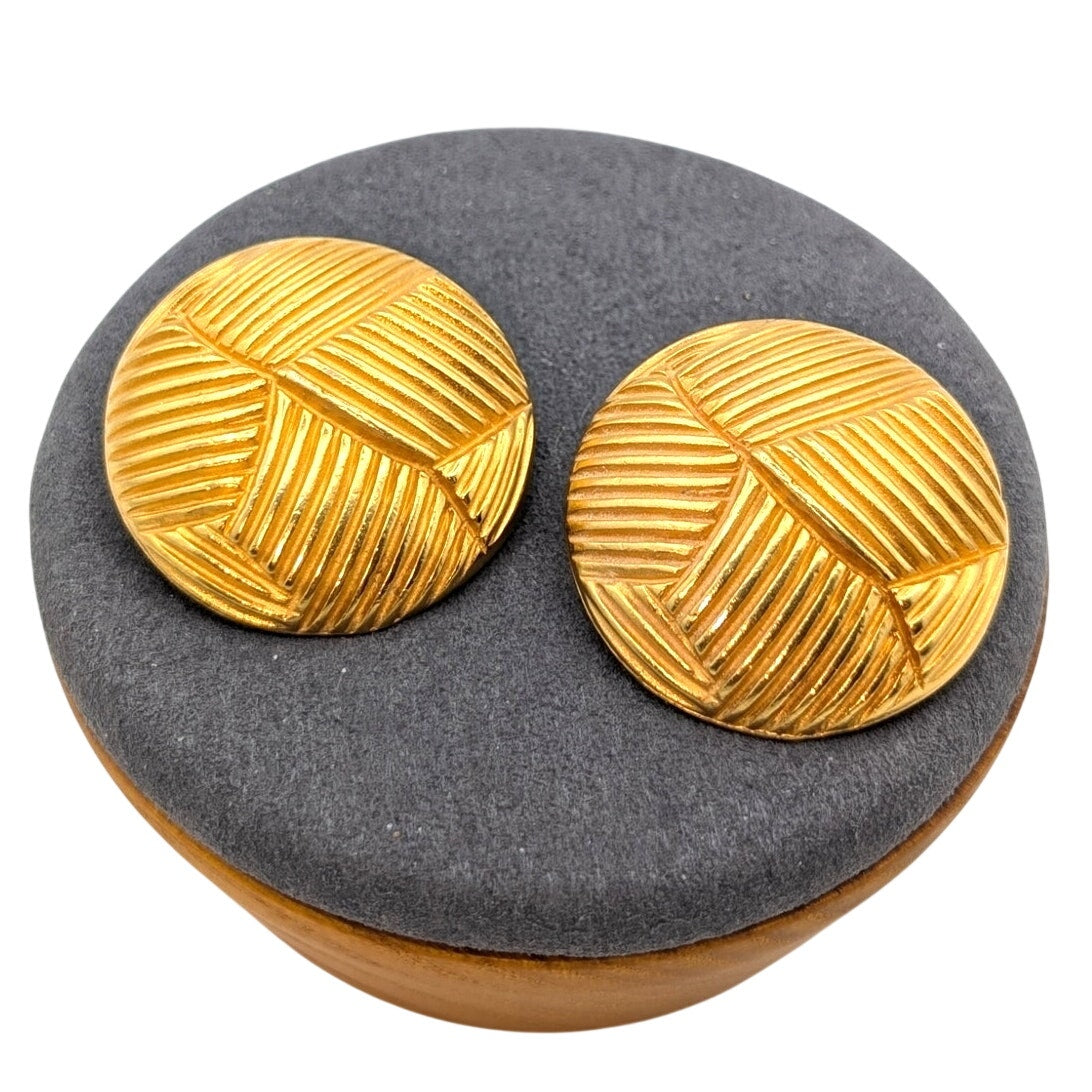 Vintage Chunky Round Basket Weave Design Clip On Earrings
