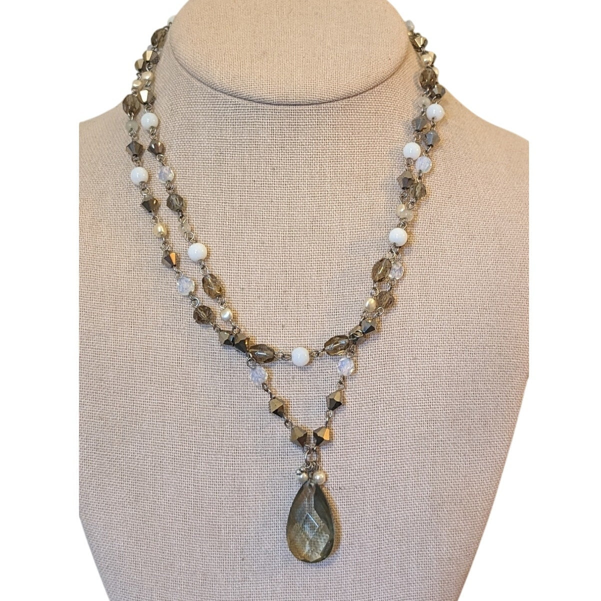 Double Strand Crystal Glass Beaded Faux Pearl Chain Necklace W/ Teardrop Pendant