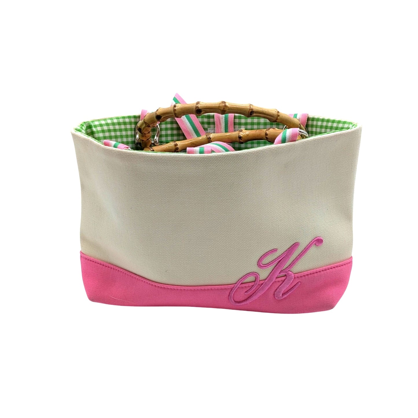 Preston & York Preppy Canvas Bamboo Handle Cream Pink Monogram K Small Tote Bag