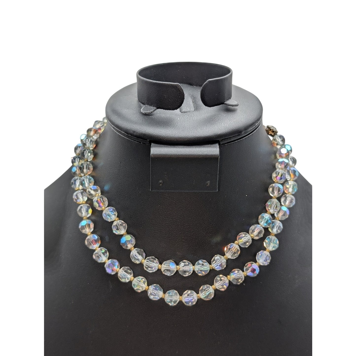 Vintage Double Strand Aurora Borealis Crystal Gold Bead 13"-15" Choker Necklace