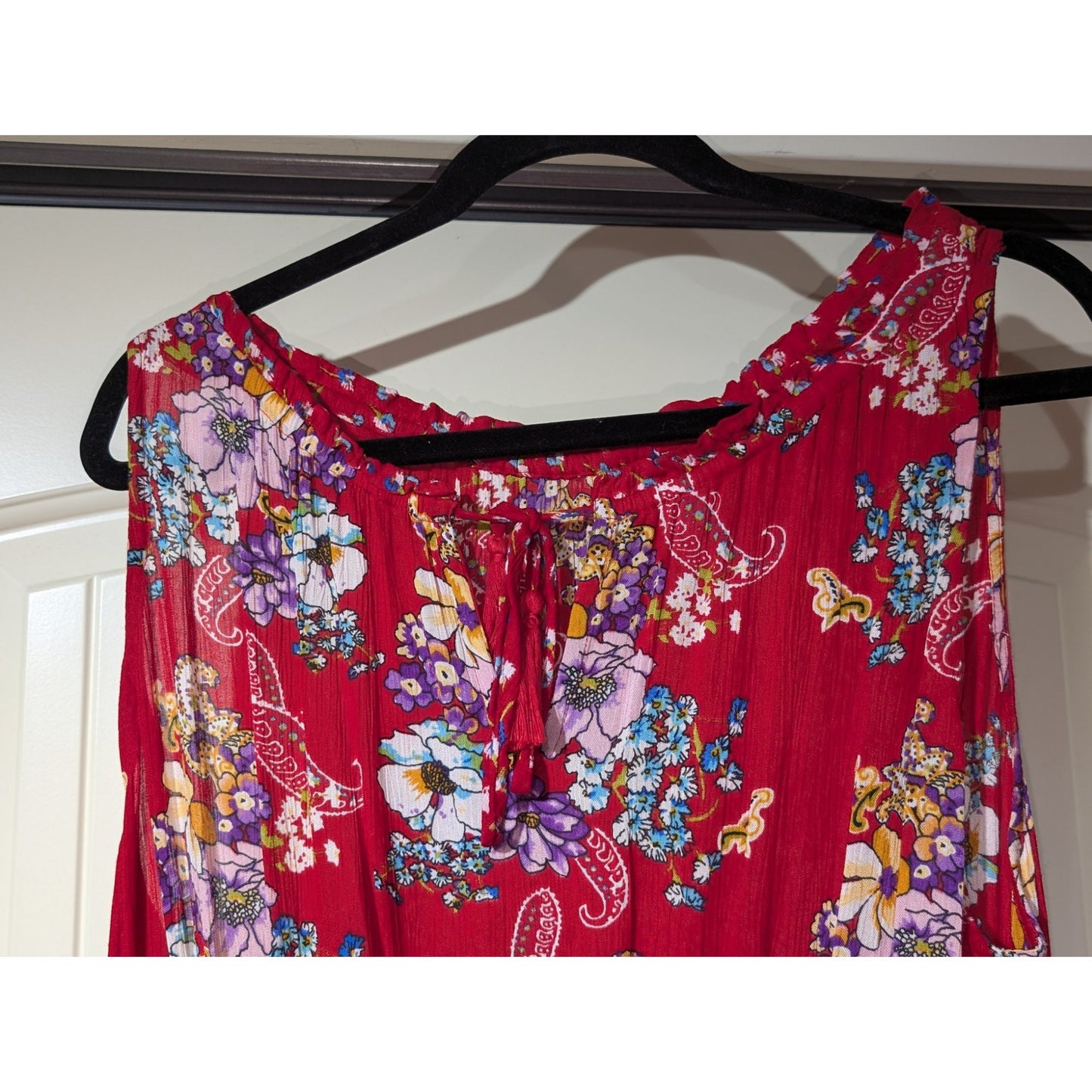 Bila Ruffled Smocked Boho Hippie Red Floral Maxi Dress Women's Size XL