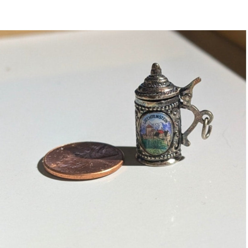 Vintage 800 Silver Enamel Liechtenstein Beer Stein Mobile Lid Charm