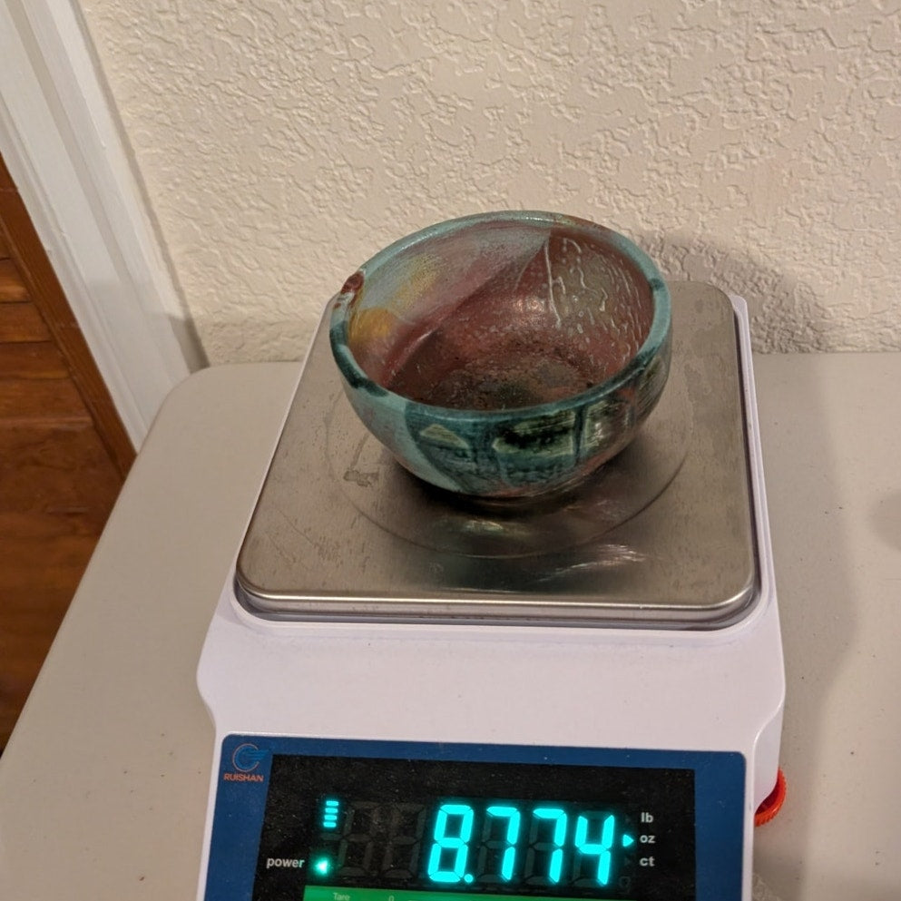 Signed ML Studio Pottery Turquoise Copper Gold Shine Bowl
