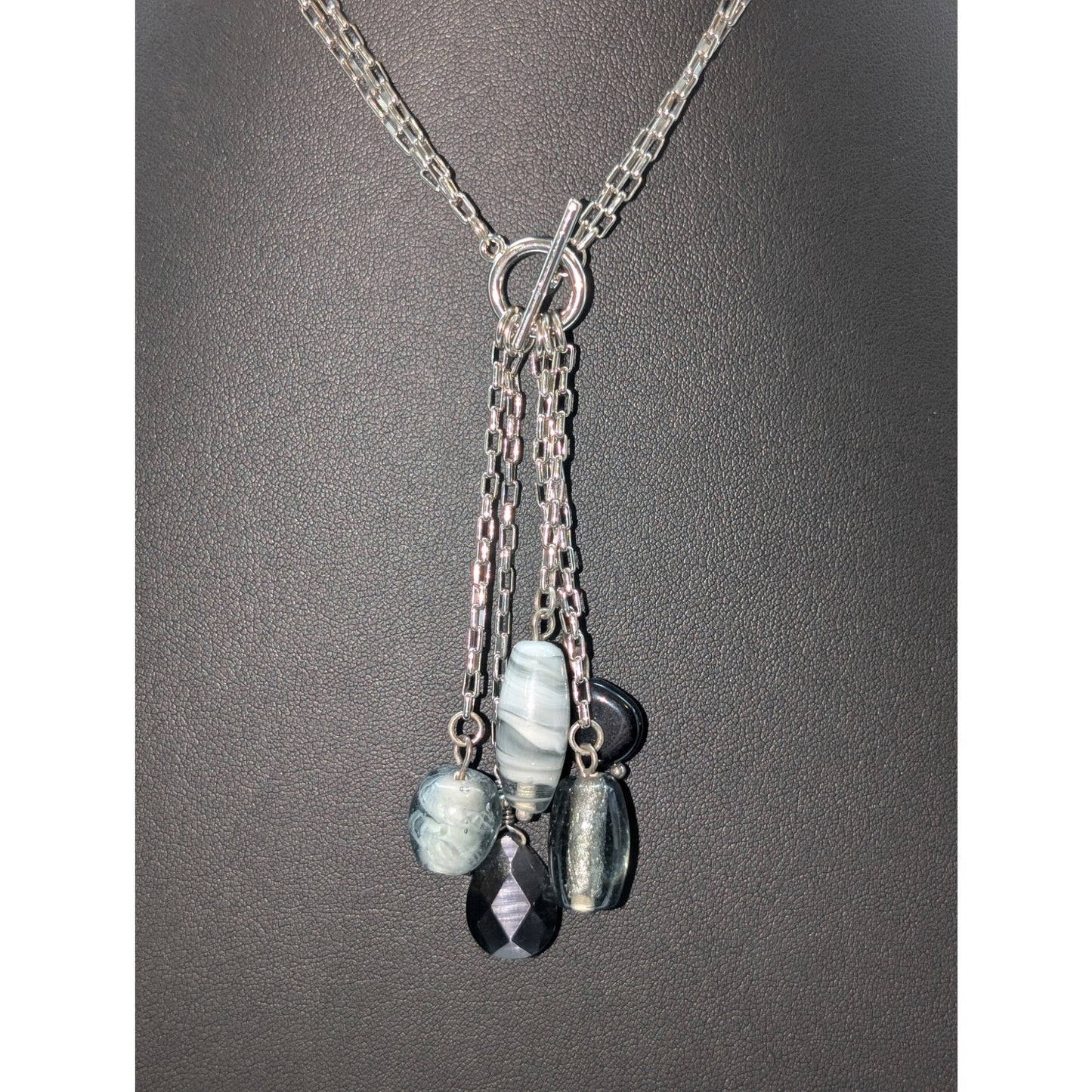 Silver Tone Double Square Link Chain Front Toggle Glass Bead Tassel 17" Necklace
