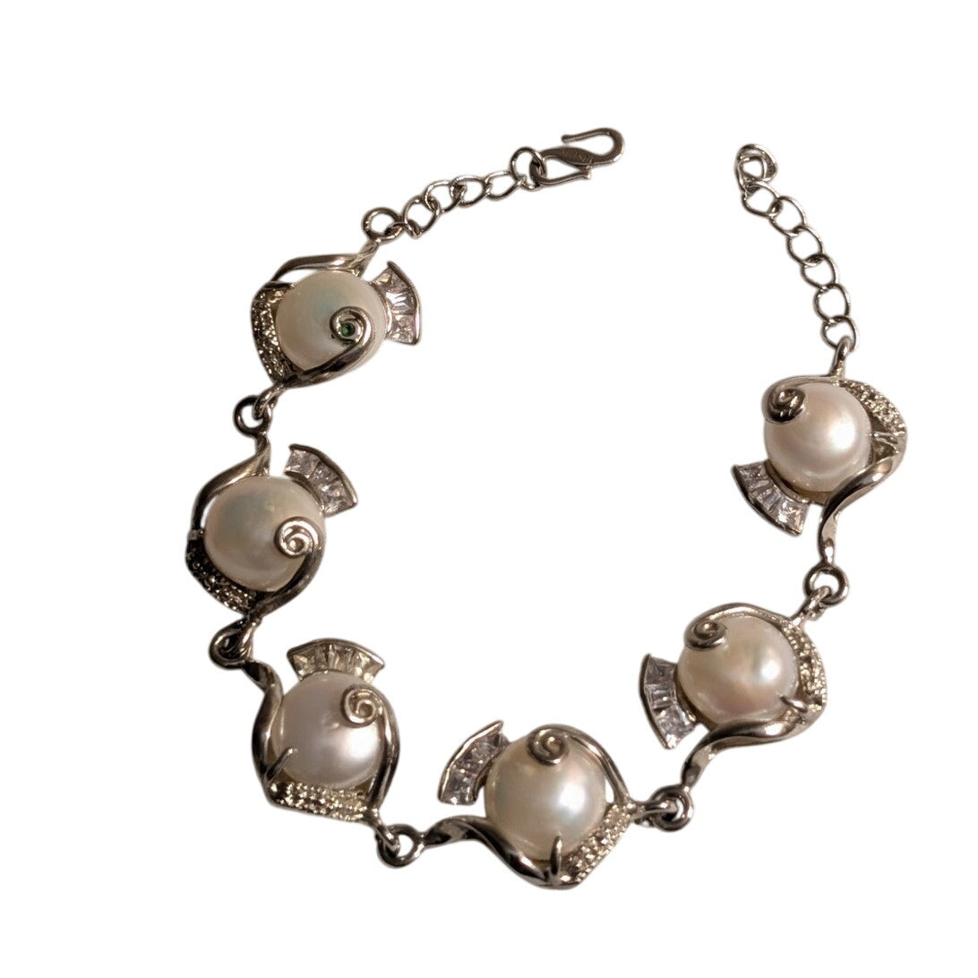 Marked 18K GP Silver Tone Faux Mabe Pearl CZ Hook Clasp 7.5"-8.5" Bracelet