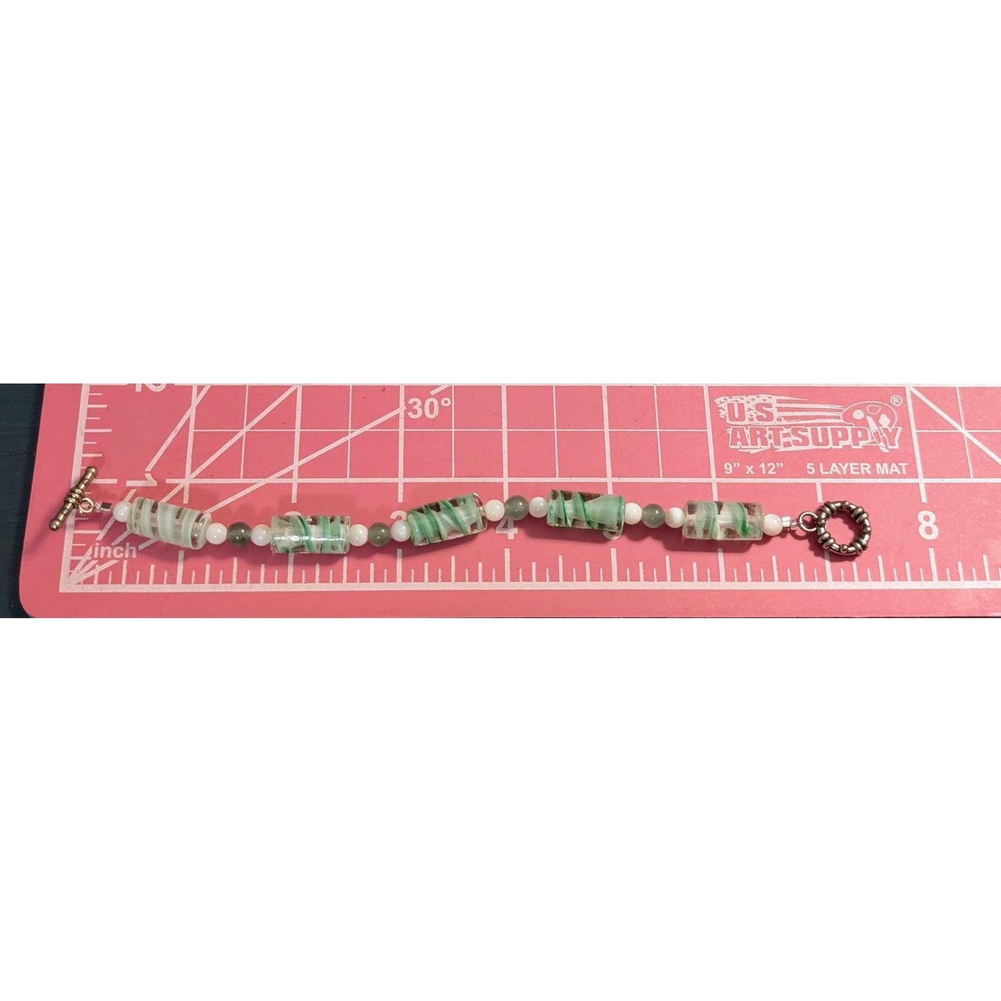 Glass Mint Green Lampwork Elongated Cylinder & Stone & Milk Glass Bead Bracelet