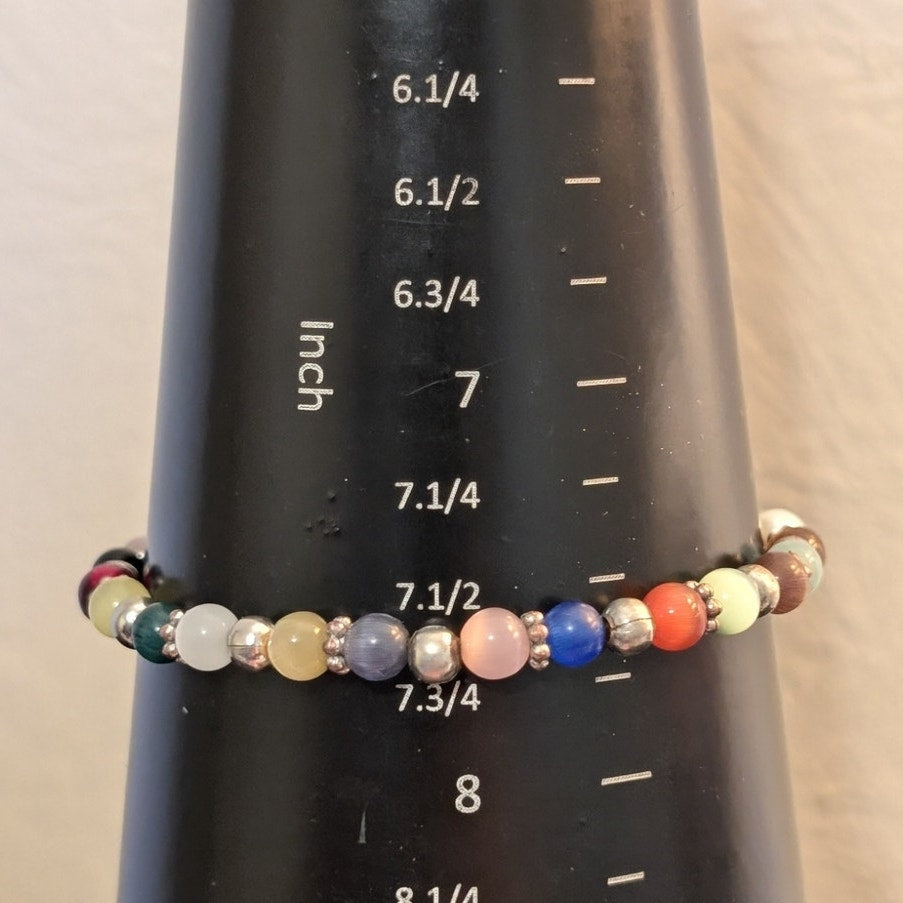 Silver Tone Multi-Color Cat Eye Bead Ribbon Charm Bracelet