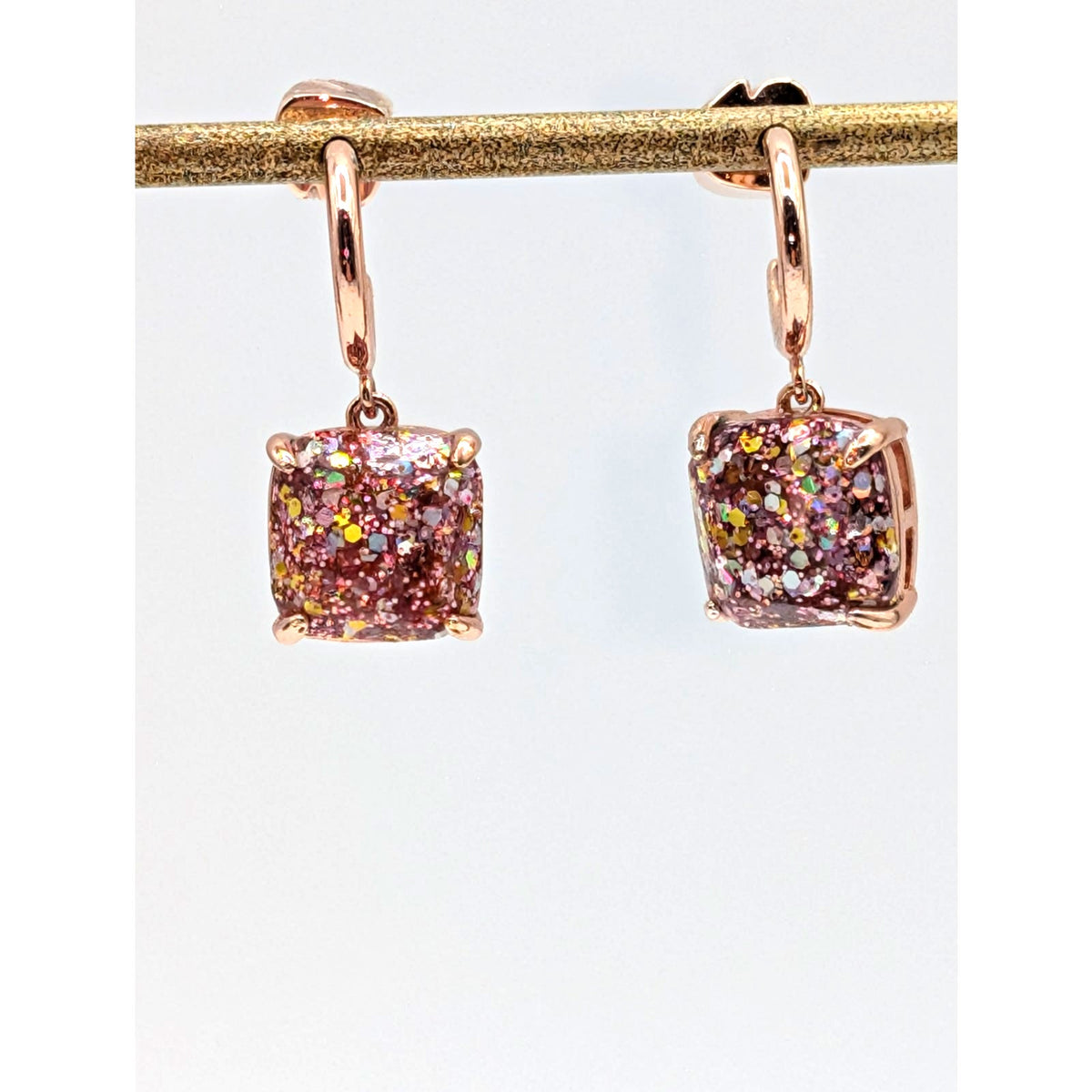 Kate Spade New York Rose Tone Gold Glitter Cushion Square Drop Huggie Earrings
