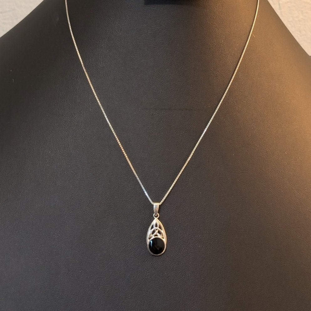 925 Sterling Silver Black Onyx Celtic Cross Teardrop Pendant 18" Necklace