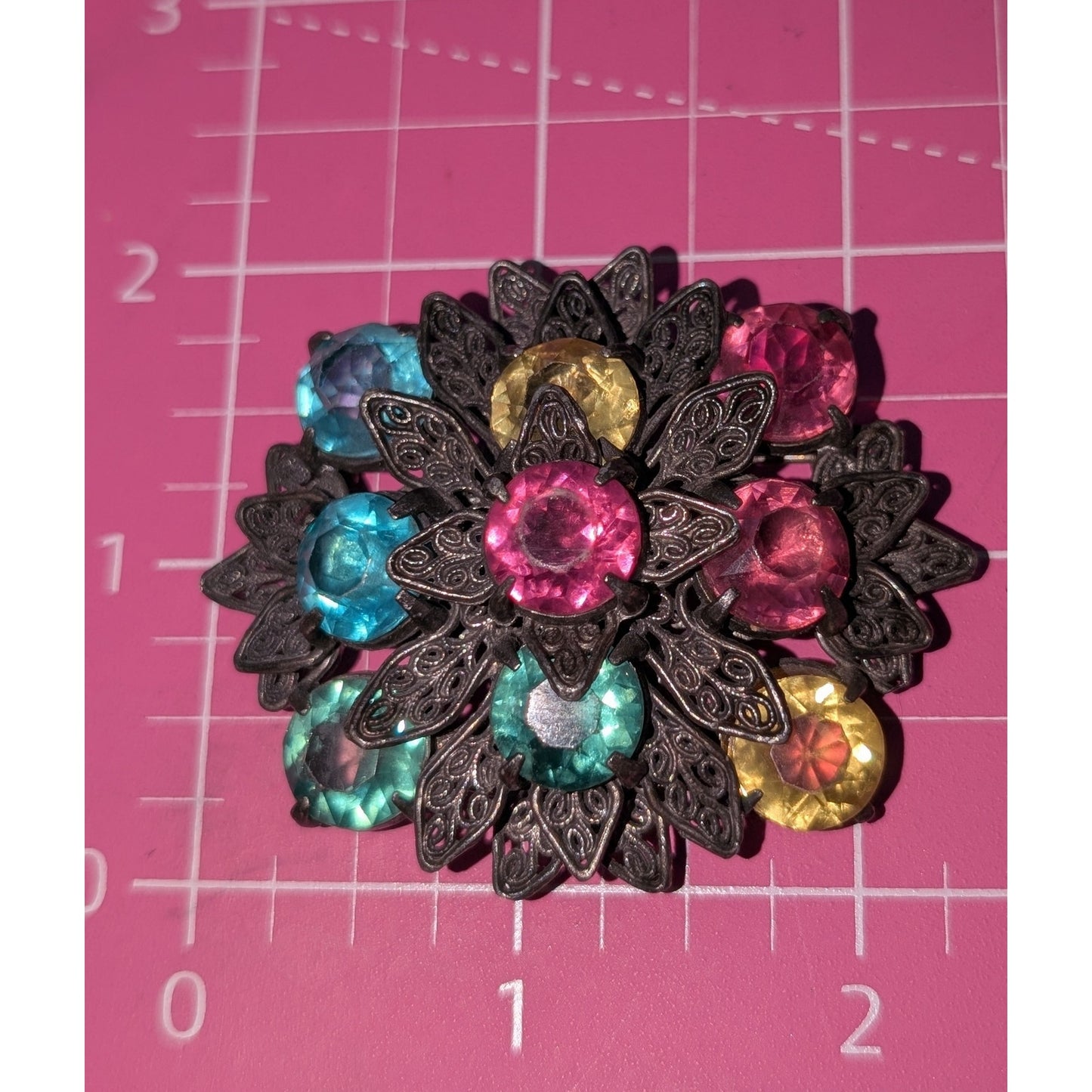 VTG/Antique 1920s or 30s Multi-Color Czech Glass Filigree Art Deco Brooch