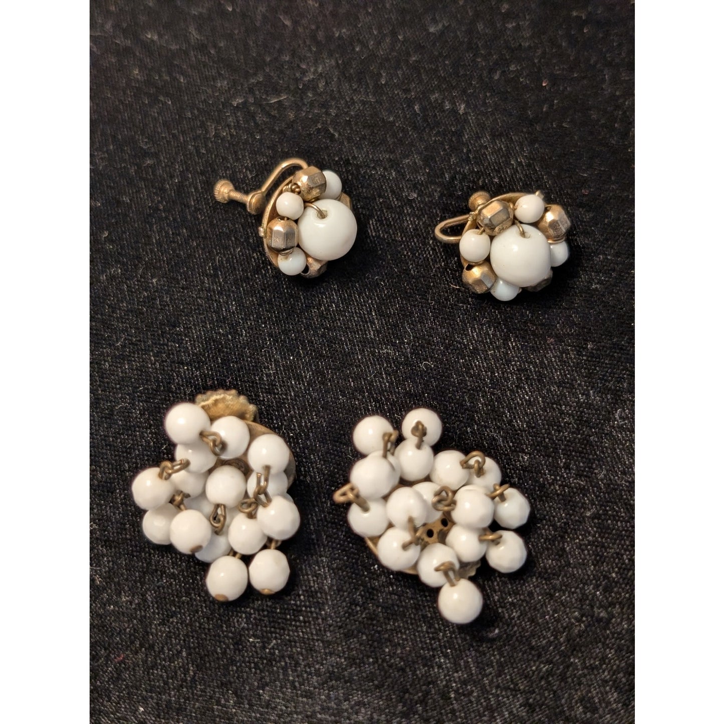Two Pair Vintage Milk Glass Beaded Earrings One Screw On & One Clip On