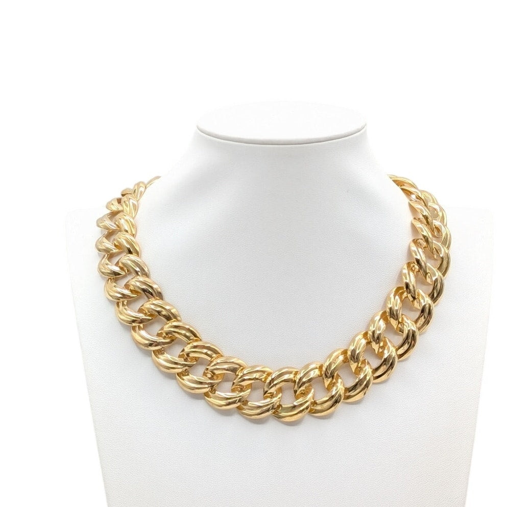 Vtg Gold Tone 7/8" Wide Curb Link Chain Collar 18" Necklace W/ Fold Over Clasp