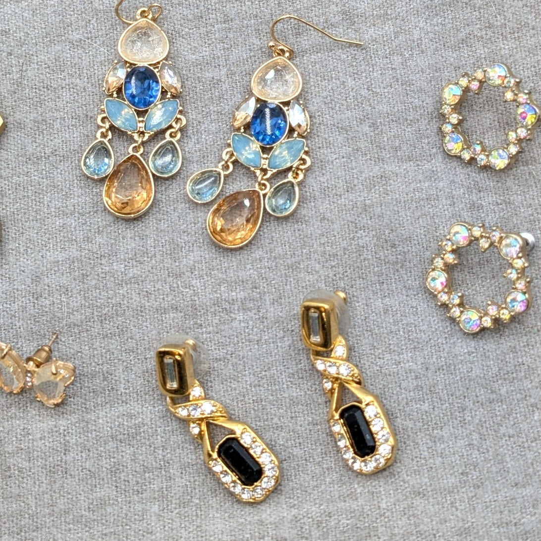 Lot of 14 Pair Crystal Rhinestone Gold Tone Earrings for Pierced Ears