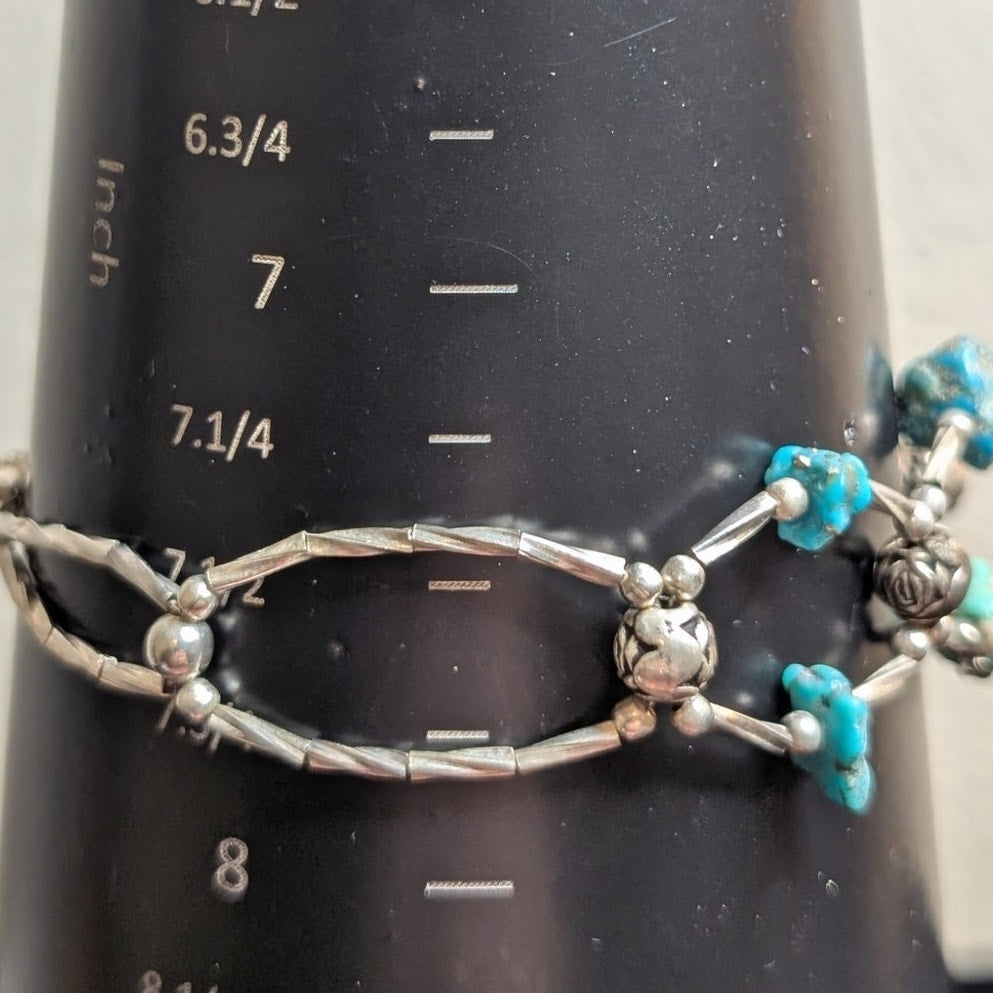 Vintage 70s Twisted Liquid Silver Turquoise Bead Barrel Clasp Bracelet