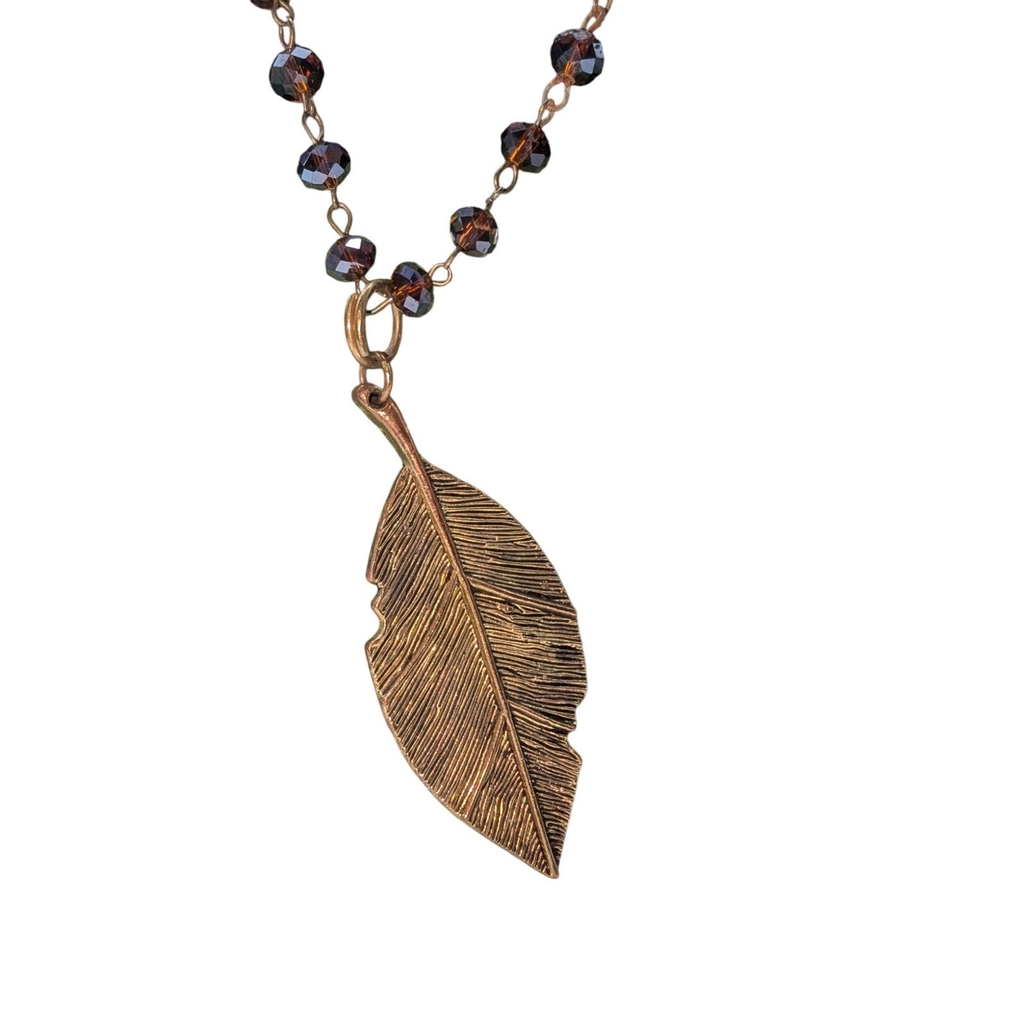 Antiqued Brown Crystal Glass Bead Rosary Chain Bronze Leaf Pendant 36" Necklace