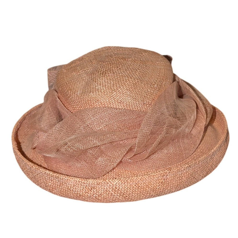 Betmar New York Vintage Blush Pink Straw Bow Detail Straw 22" Hat Upturned Edge