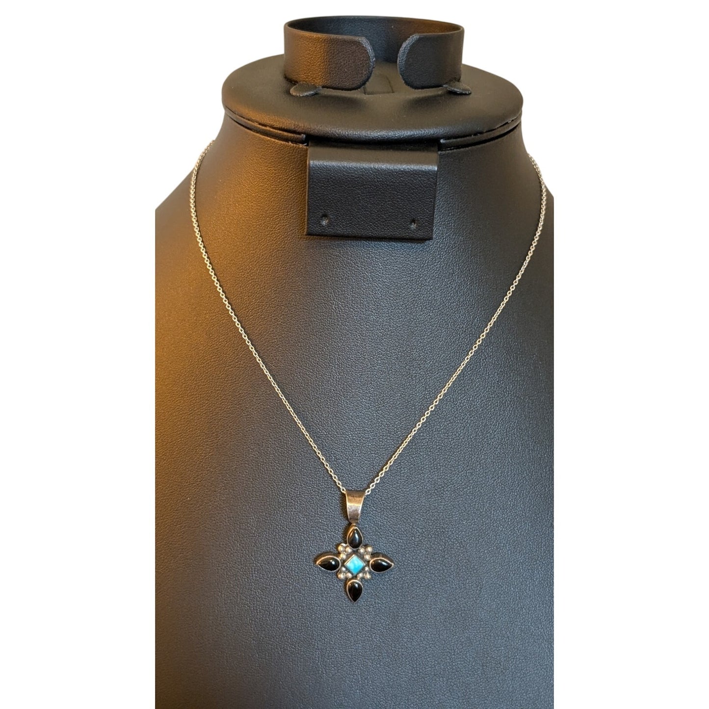 Vintage Black Onyx & Turquoise Sterling Beaded Four Point Pendant Necklace