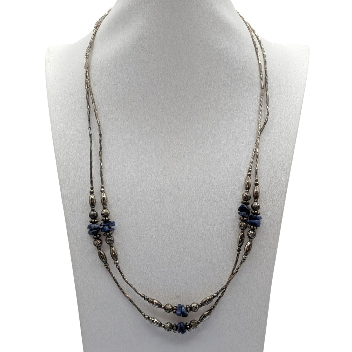 Vintage Twisted Liquid Silver Blue Stone Chip Bead Double Strand 24.5" Necklace