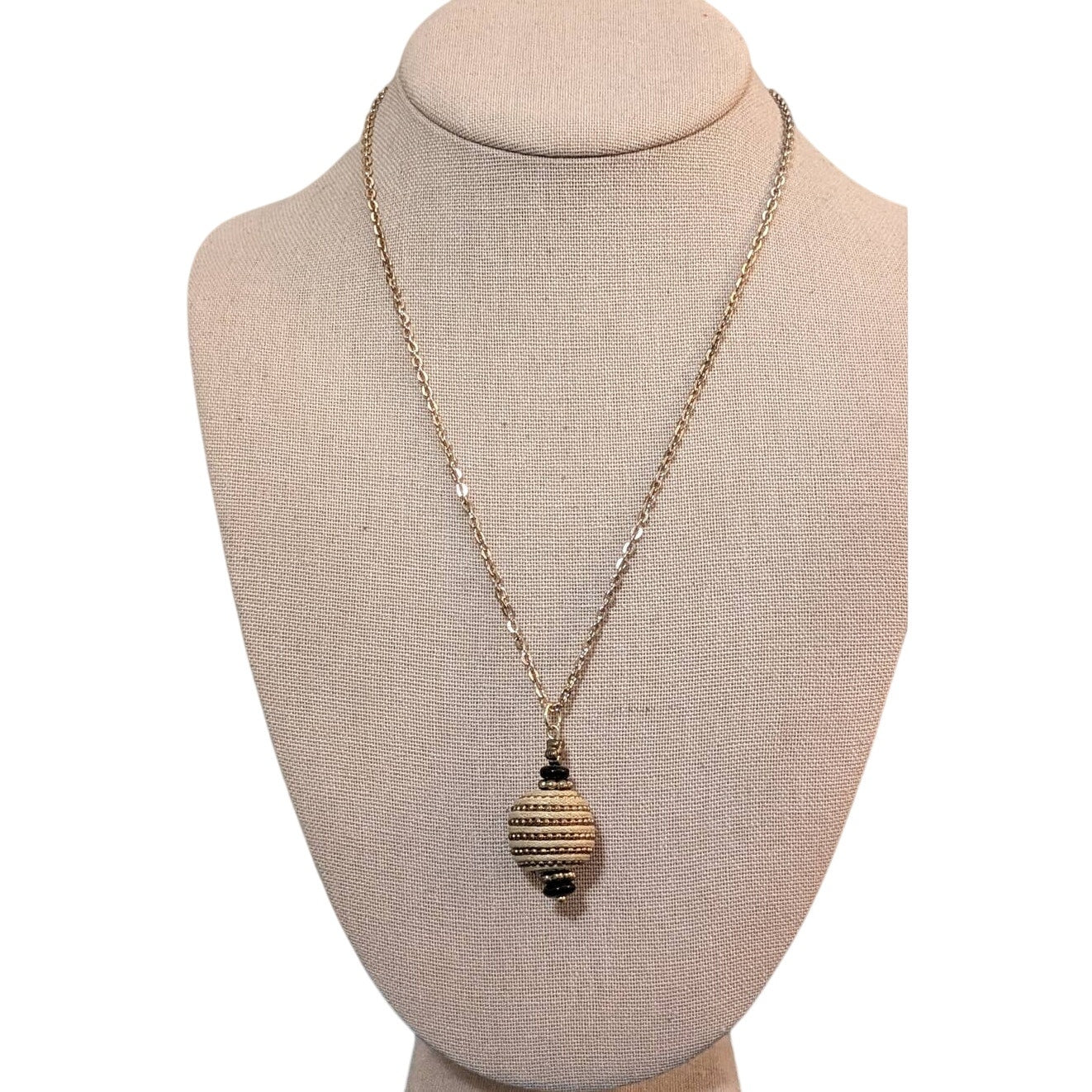 Cord Wrapped Beaded Orb Pendant on Gold Tone Spring Ring Clasp 18" Chain