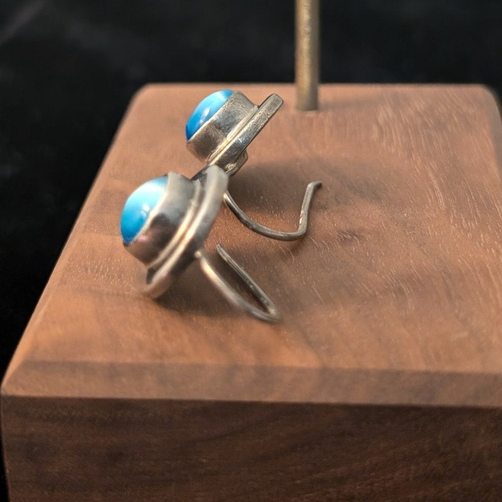 Vintage 925 Sterling Silver Mexico Cat's Eye Moonstone Wire Earrings