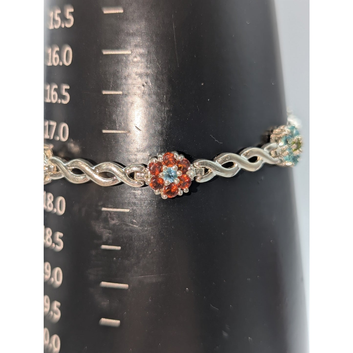 925 Sterling Multi-Color Crystal Flower Cross Over Chain Link Tennis Bracelet