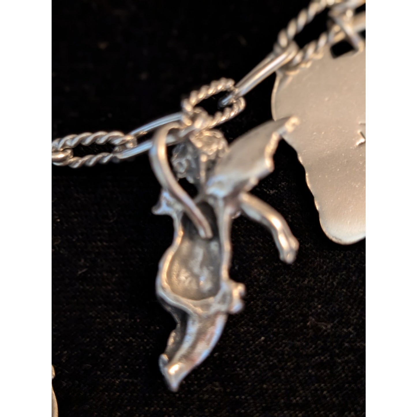 VTG T Foree Hunsicker Sterling Silver Engraved Luggage Tag Cherub Charm Bracelet